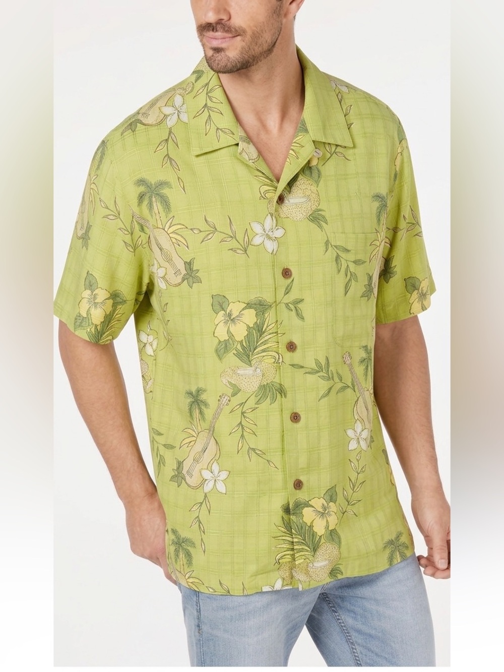 Tommy Bahama 100% Silk Camp Shirt Lime Green Tropical Ukulele Floral Coconut‎